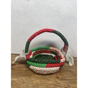 Handmade Coiled Soft Fabric Basket Red Green White Christmas Holiday
